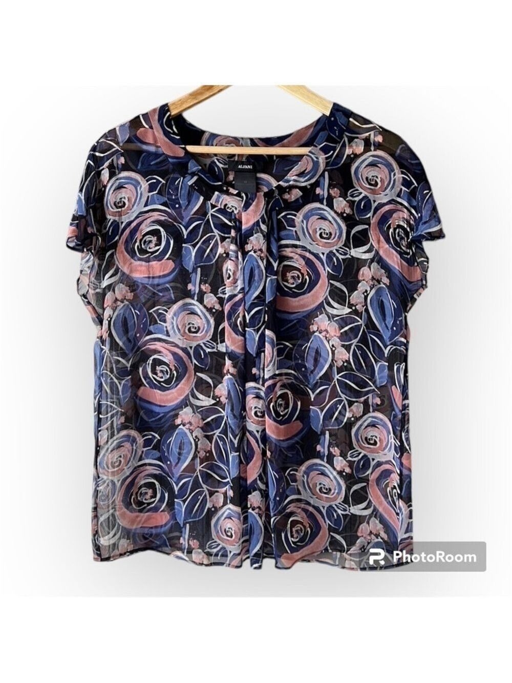 ALFANI Black Silk Abstract Floral Print Sheer Capped Sleeve Blouse Size 12